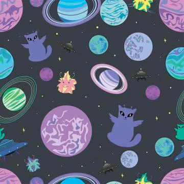 Vector illustration of a design, cheerful alien winged cat space Stock Illustration