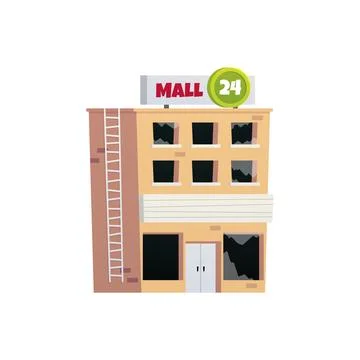 Vector illustration of destroyed mall, abandoned city building, store or sh.. Ilustración de archivo