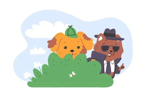 Vector Illustration of detective animals watching from behind the bushes. Illustrazione stock