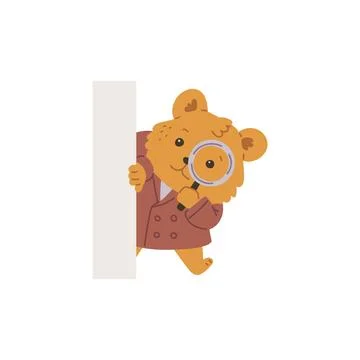 Vector illustration of a detective bear in a coat with a magnifying glass on  Stock Illustration