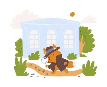 Vector illustration of a detective fox walking with a magnifying glass in his Stockillustratie