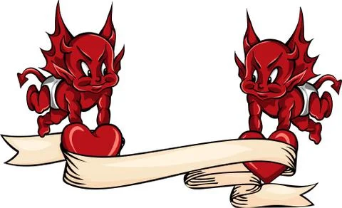 Vector illustration Devil Monster with hearth and ribbon 스톡 일러스트