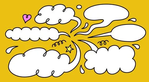 Vector illustration of dialog speech bubbles with doodles on yellow backgroun Stock Illustration