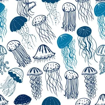 Vector illustration of different blue silhouettes jellyfish seamless surface Stock Illustration