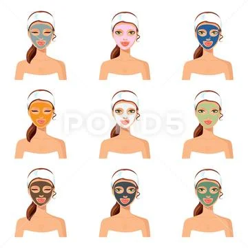 Vector illustration of different color facial masks. Woman with cosmetic mask Stock Illustration