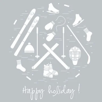 Vector illustration of different elements of sports equipment and clothing fo Stock Illustration