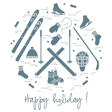 Vector illustration of different elements of sports equipment and clothing fo Stock Illustration