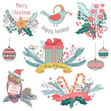 Vector illustration of different gifts, presents, animals and winter decorations Stock Illustration