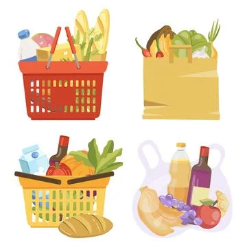 Vector illustration different grocery baskets with groceries Stock Illustration