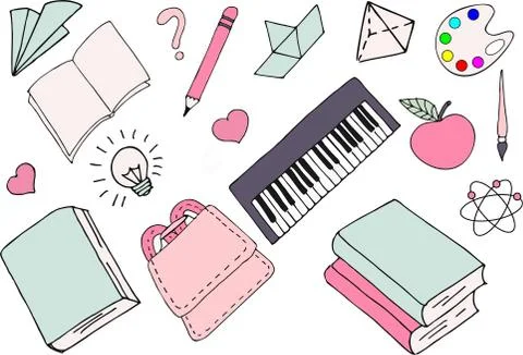 Vector Illustration of different school supplies. First day of school, Back to Stock Illustration