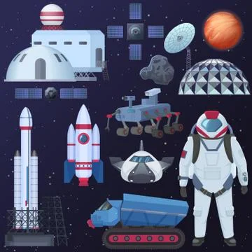 Vector illustration of different spacecraft elements, astronaut in spacesuit Stock Illustration