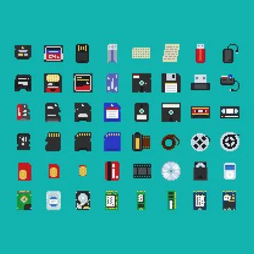 Vector illustration of digital and analogue storage devices - disc, card, floppy Stock Illustration