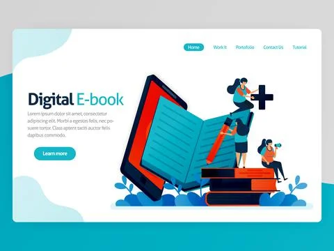 Vector illustration for digital ebook landing page. Mobile apps for reading,  Stock Illustration