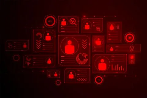 Vector illustration. Digital panels with user icons and alert arrows show mass Illustrazione stock