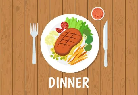 Vector illustration of dinner set on brown table wooden background Stock Illustration