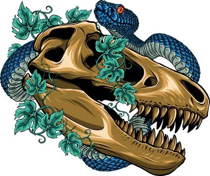 Vector illustration of dinosaur skull with snake and leaves イラスト素材
