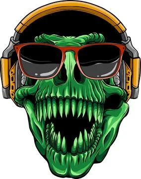 Vector illustration of Dinosaur T-rex skull in headphones and sunglasses Stock Illustration