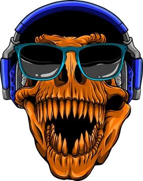 Vector illustration of Dinosaur T-rex skull in headphones and sunglasses Stock Illustration