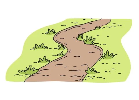 Vector illustration of a dirt path bordered by grass in a cartoon, outlined.. Ilustração Stock