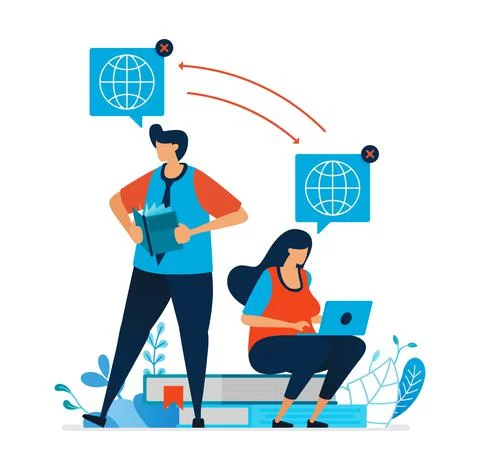 Vector illustration of distance learning for students. Students enjoy learnin Stock Illustration