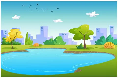 Vector illustration of distant buildings and a pond in the middle of a shady Stock Illustration