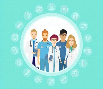Vector illustration of doctors team. Happy and smile medical workers. Hospital Illustrazione stock