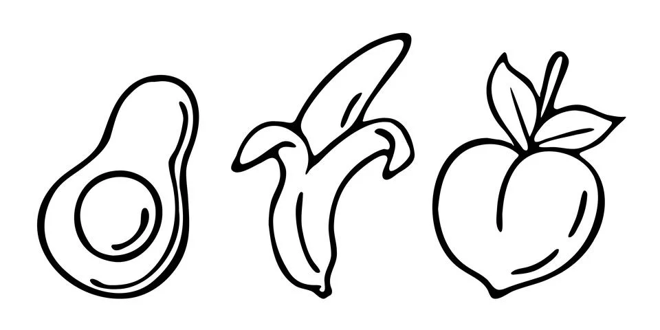 Vector illustration doodle hand drawn food fruit avocado banana peach eleme.. Stock Illustration