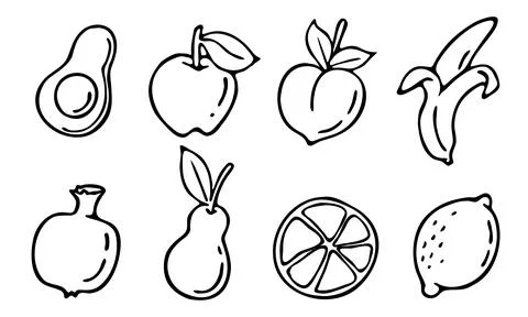 Vector illustration doodle hand drawn food fruit avocado peach banana apple.. Stock Illustration