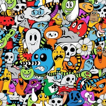 Vector illustration. Doodle pattern with different colored monsters. イラスト素材