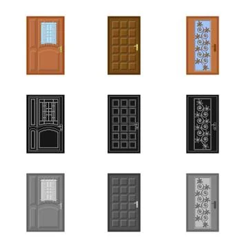 Vector illustration of door and front logo. Collection of door and wooden stock Illustration