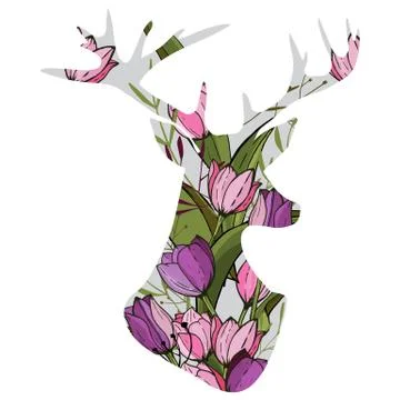 Vector illustration of double exposure deer with tulips Illustrazione stock