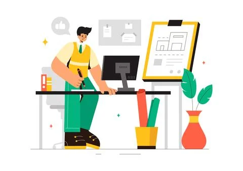 Vector illustration of a Drafting Engineer or Architect Working on a Drawin.. 스톡 일러스트