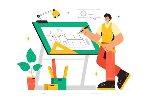Vector illustration of a Drafting Engineer or Architect Working on a Drawin.. 스톡 일러스트