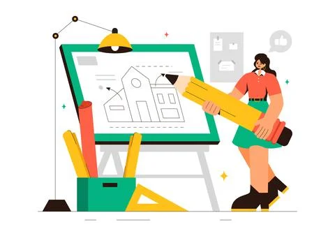 Vector illustration of a Drafting Engineer or Architect Working on a Drawin.. 스톡 일러스트
