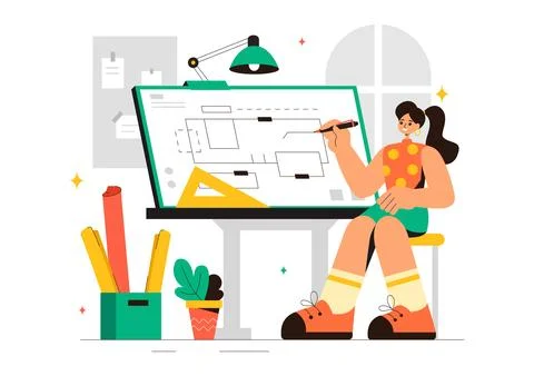Vector illustration of a Drafting Engineer or Architect Working on a Drawin.. 스톡 일러스트