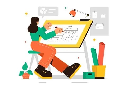 Vector illustration of a Drafting Engineer or Architect Working on a Drawin.. 스톡 일러스트