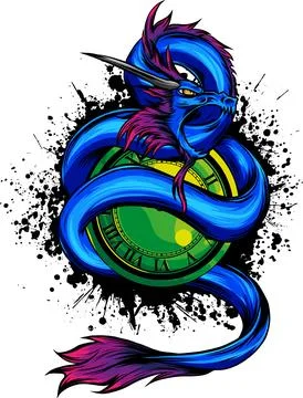 Vector illustration of Dragon with poket clock Stock Illustration