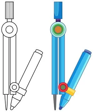 Vector Illustration of a Drawing Compass with Pen in Color and Outline Illustrazione stock