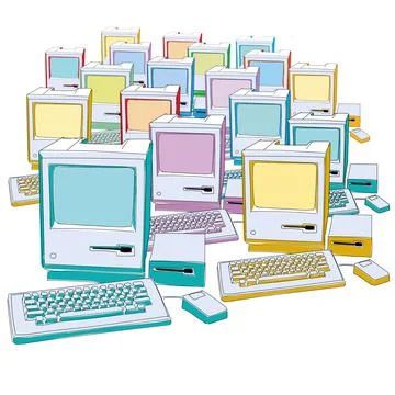 Vector illustration with drawing of old computers with keyboard and mouse. Stock Illustration