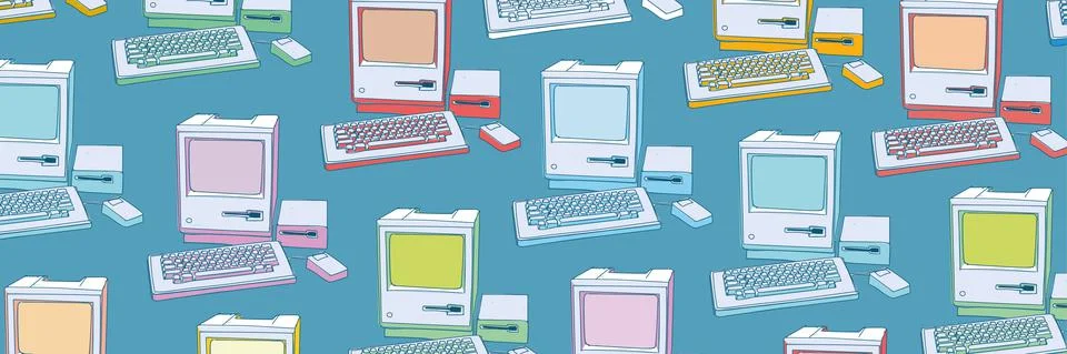 Vector illustration with drawing of old computers with keyboard and mouse. Stock Illustration