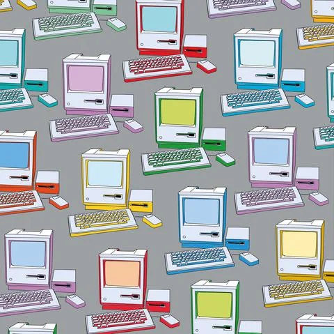 Vector illustration with drawing of old computers with keyboard and mouse. Stock Illustration