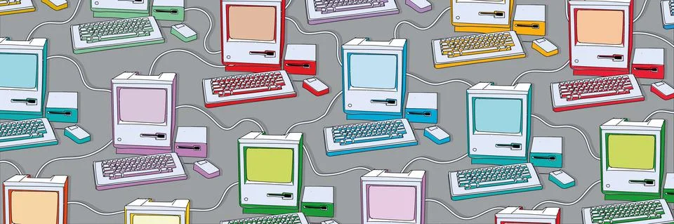 Vector illustration with drawing of old computers with keyboard and mouse. Stock Illustration