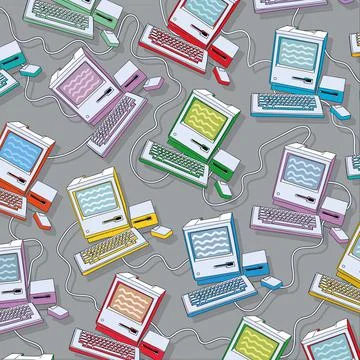 Vector illustration with drawing of old computers with keyboard and mouse. Stock Illustration