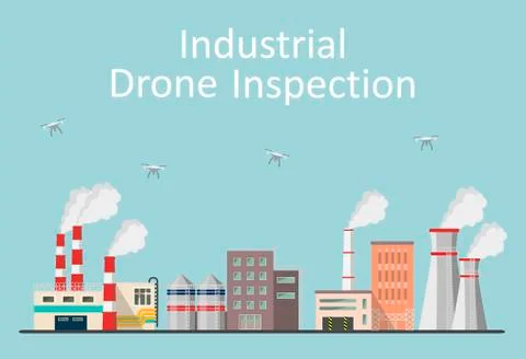 Vector illustration of drones inspecting industrial power plants. Stock Illustration
