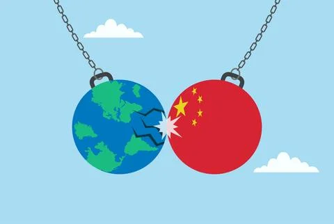 Vector illustration of a dumbbell with the china flag colliding with a world Stock Illustration