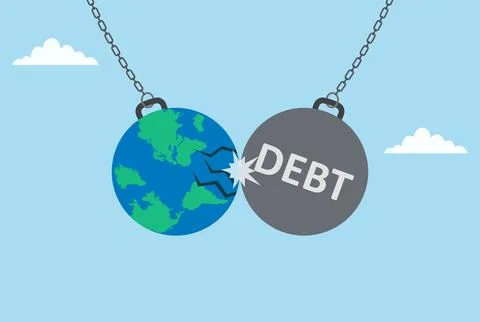 Vector illustration of a dumbbell labeled 'debt' colliding with a globe Stock Illustration