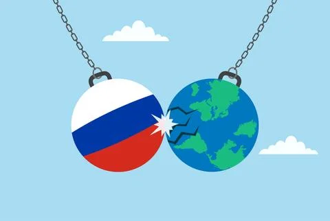 Vector illustration of a dumbbell with the Russian flag colliding with a world Stock Illustration