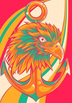 Vector illustration of Eagle with Anchor on white background. digital draw Stock Illustration