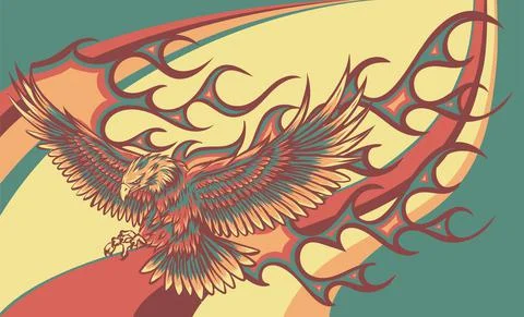 Vector illustration of eagle with flames on colored background Illustrazione stock