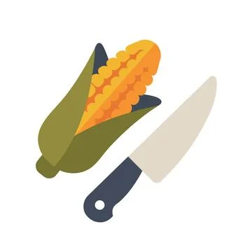 Vector Illustration Of An Ear Of Corn And A Kitchen Knife On A White Backgrou Illustrazione stock